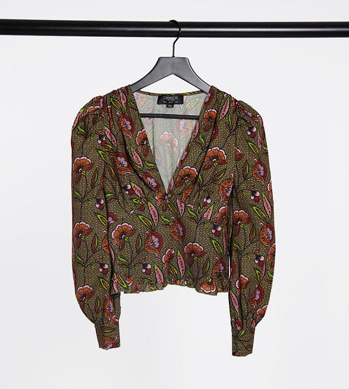 Outrageous Fortune Petite Puff Sleeve Blouse In Tan Floral Print-multi