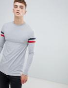 Asos Design Muscle Longline Long Sleeve T-shirt With Contrast Sleeve Panels In Gray Marl - Gray