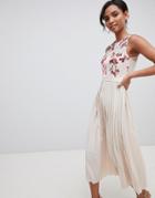 Little Mistress Embroidered Top Midi Pleated Dress In Cream Multi - Cream