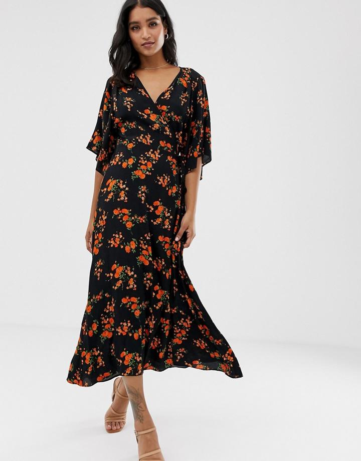 Liquorish Maxi Wrap Dress With Tie Waist Detail In Ditsy Floral Print - Black