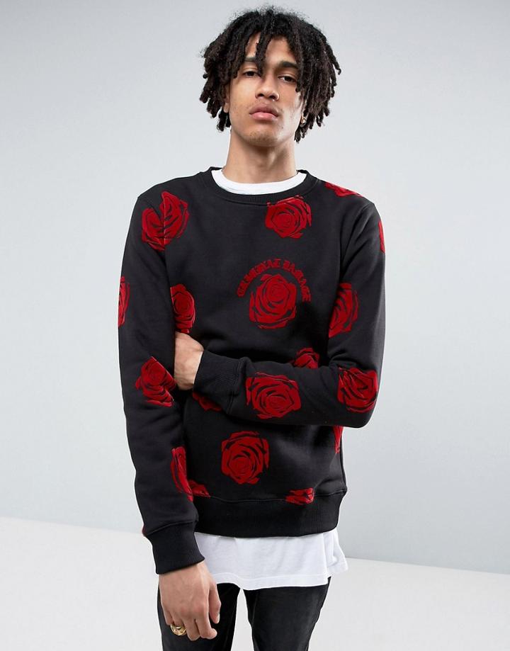 Criminal Damage Sweatshirt In Black With Rose Print - Black