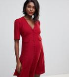 Asos Design Maternity Button Through Mini Skater Dress With Pockets - Red