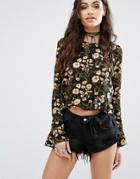 Prettylittlething Floral Print Ruffle Hem Blouse - Black