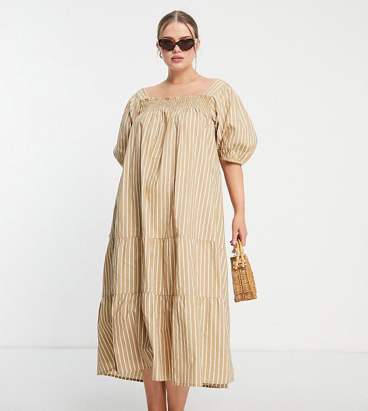 Influence Plus Puff Sleeve Tiered Midi Dress In Brown Gingham-neutral