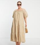 Influence Plus Puff Sleeve Tiered Midi Dress In Brown Gingham-neutral