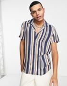 Devil's Advocate Revere Collar Multi Stripe Short Sleeve Shirt-navy
