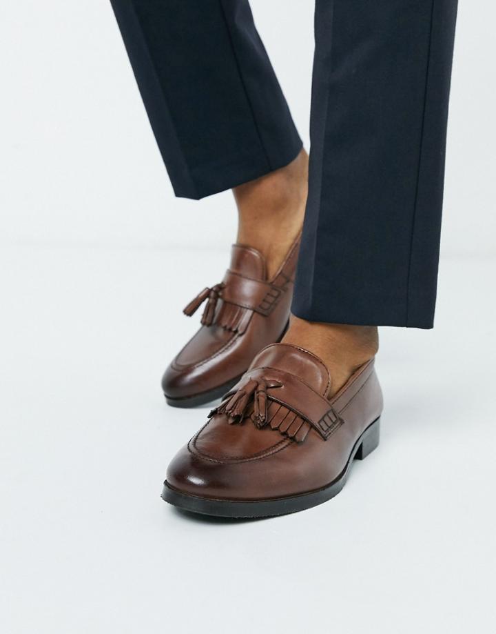 Asos Design Loafers In Brown Leather With Tassel And Fringe Detail