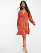 Closet London Bell Sleeve Wrap Mini Dress In Cinnamon-brown