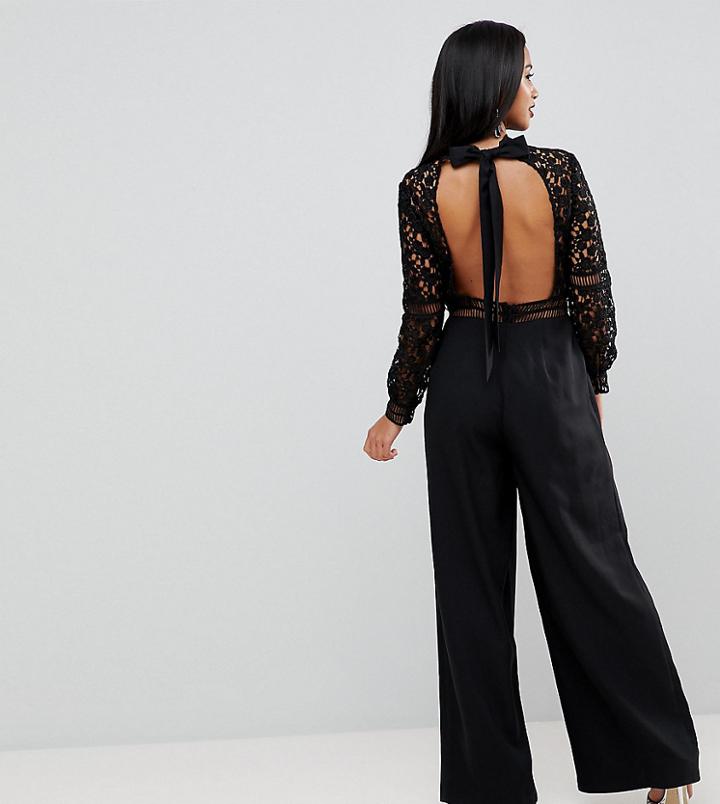 Asos Petite Premium Open Back Lace Jumpsuit - Black