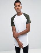 Jack & Jones Longline T-shirt With Contrast Raglan Sleeve And Curved Hem - White