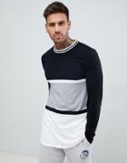 Asos Design Muscle Fit Longline Long Sleeve T-shirt With Curved Hem In Monochrome Color Block - Black