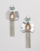 Asos Design Beaded Jewel And Chain Tassel Earrings - Silver