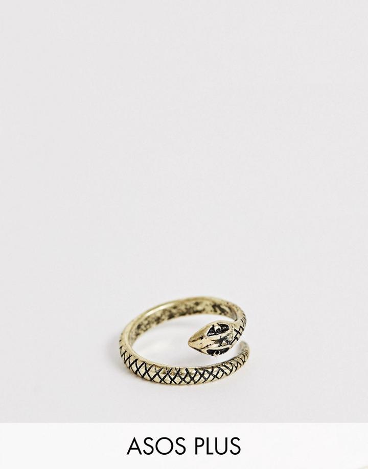 Asos Design Plus Ring With Wrap Around Snake In Burnished Gold Tone - Gold