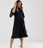Asos Design Maternity Kimono Pleated Midi Dress In Black