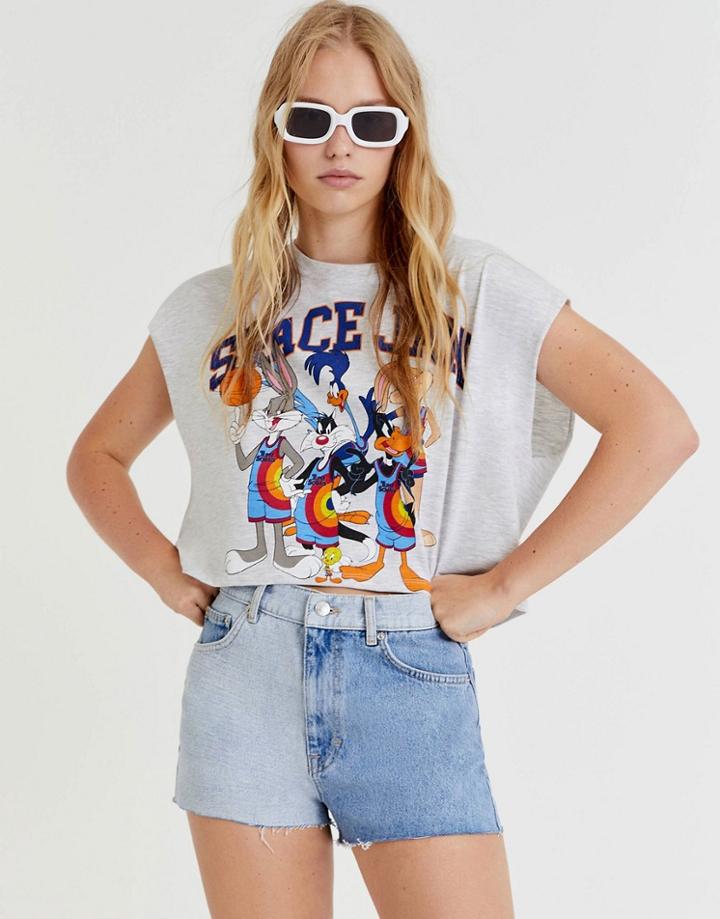 Pull & Bear X Space Jam Cropped Varsity Top With Elasticated Waist In Gray-grey