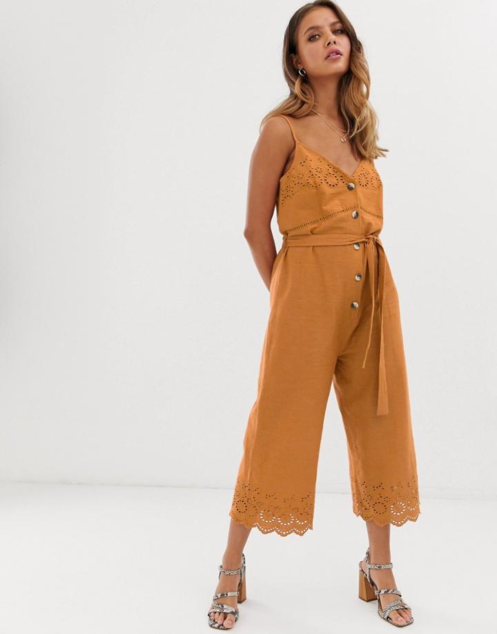 Miss Selfridge Broderie Jumpsuit With Belt In Orange - Orange