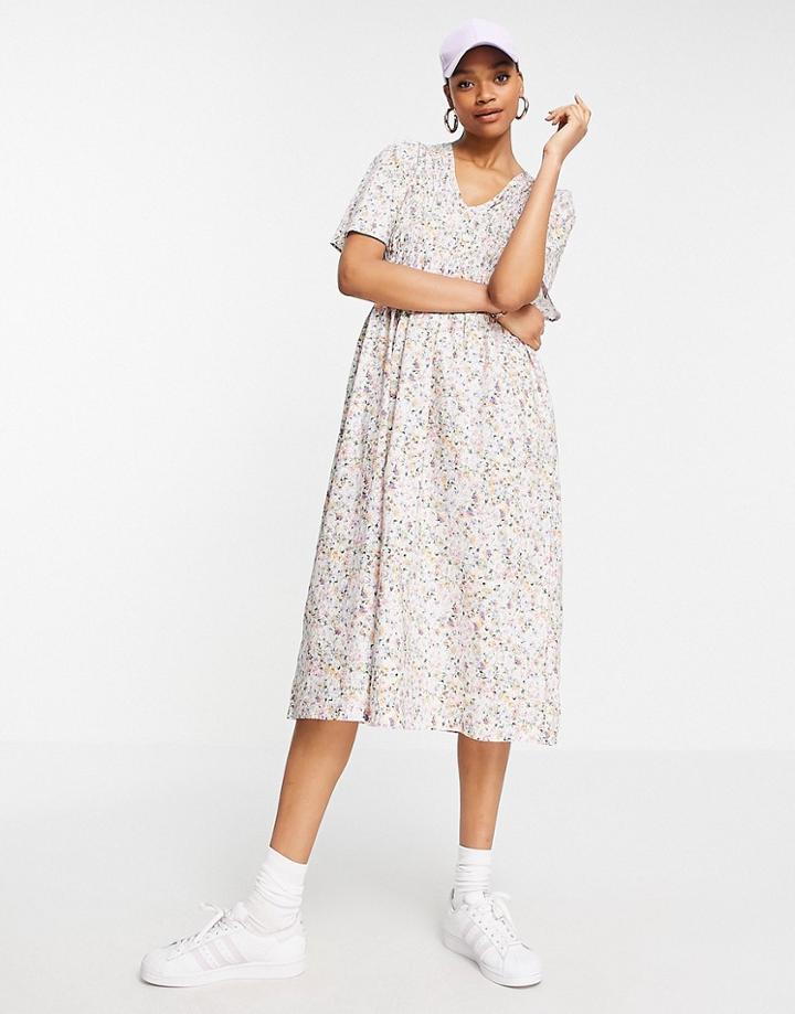 Y.a.s Cotton Smock Midi Dress In White Micro Floral