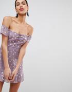 Fashion Union Bardot Tea Dress In Sheer Metallic Spot - Purple
