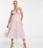Asos Design Maternity Button Up Tiered Midi Dress With Lace Trim Detail-purple