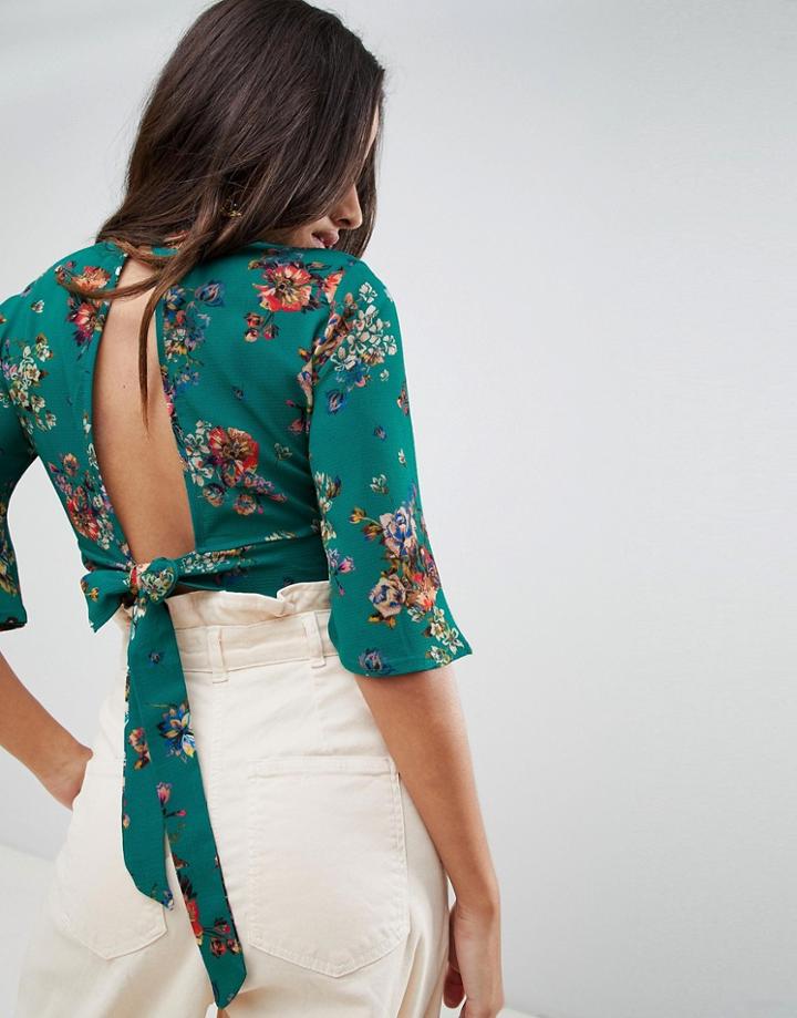 Boohoo Floral Open Back Crop Top - Green