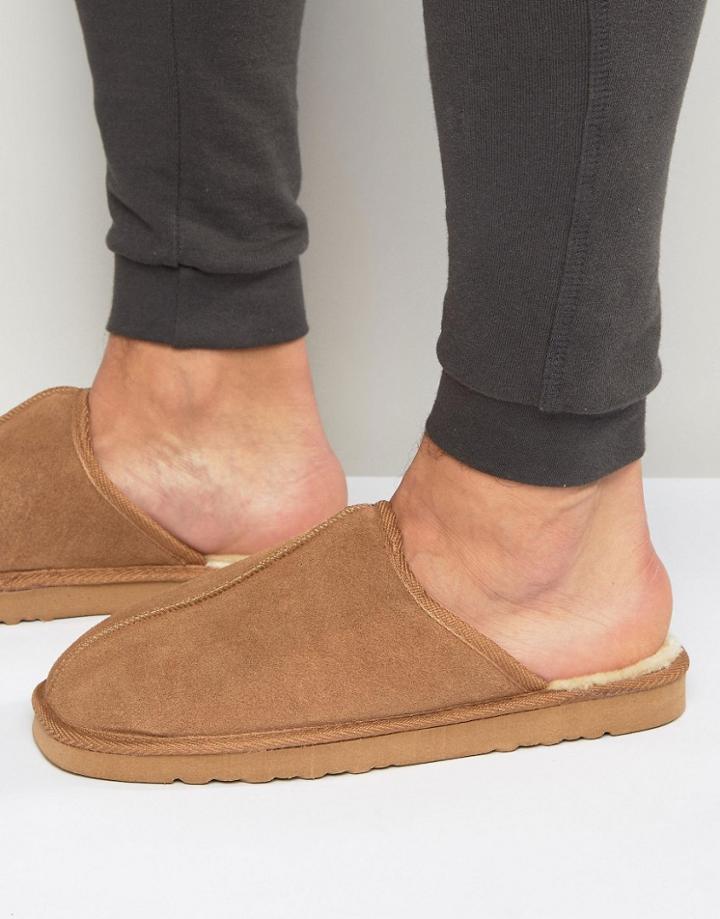 Dunlop Mule Slippers In Tan Suede - Tan