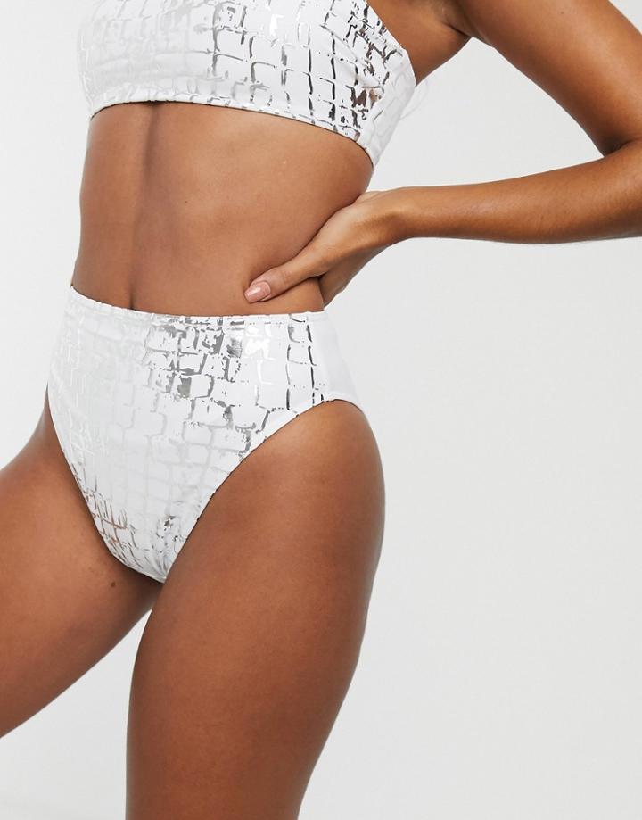 Asos Design Recycled Mix And Match High Leg High Waist Bikini Bottom In White Graphic Snake Foil Print - White