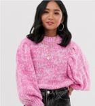 Asos Design Petite Sweater In Lofty Yarn With Volume Sleeve - Pink