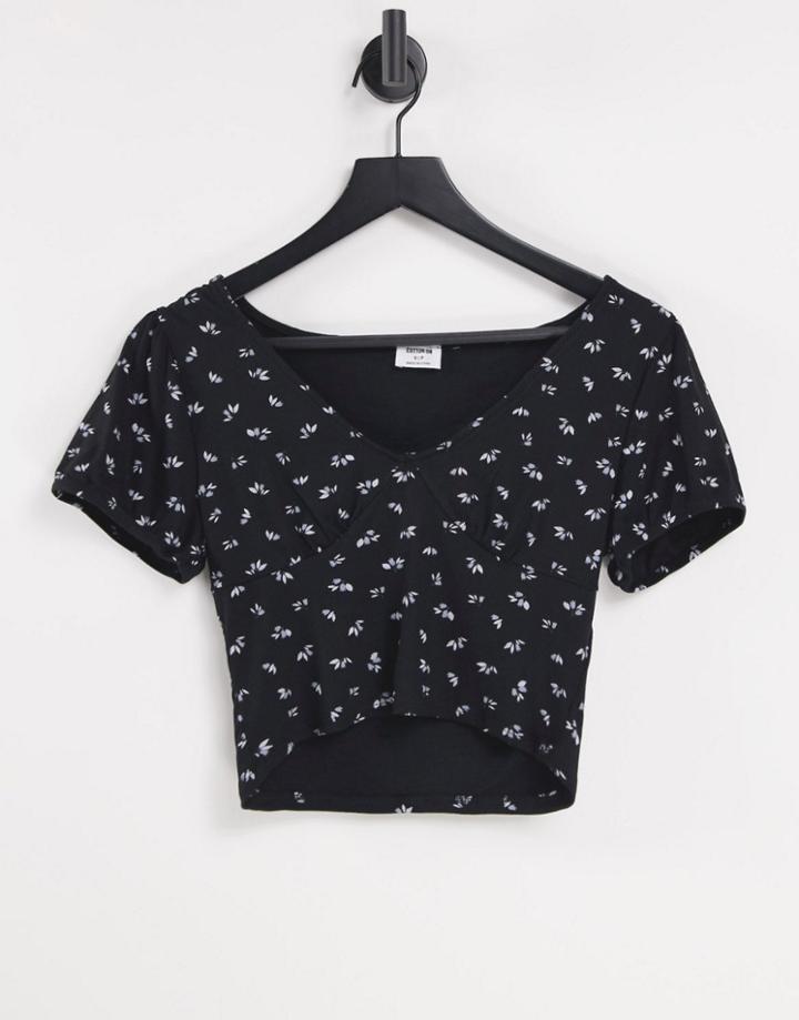 Cotton: On Button Through Short Sleeve Top In Black Floral
