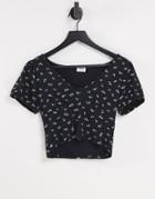 Cotton: On Button Through Short Sleeve Top In Black Floral