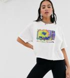Crooked Tongues Oversized Cropped T-shirt With Sunflower Lo-fi Print-white