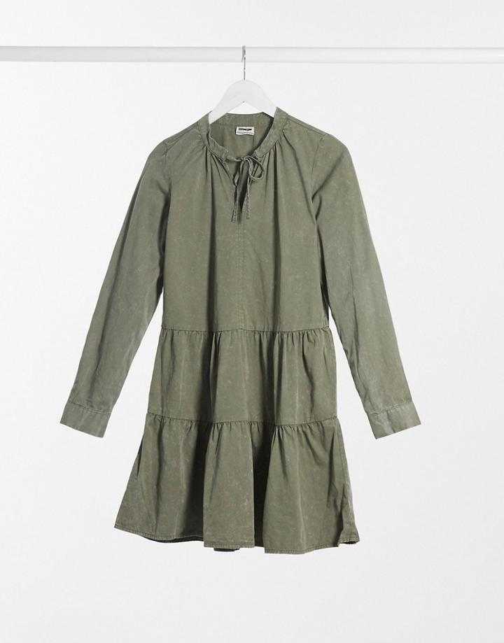 Noisy May Tiered Smock Dress In Washed Khaki-green