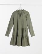 Noisy May Tiered Smock Dress In Washed Khaki-green