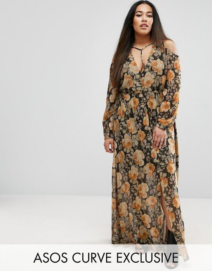 Asos Curve Cold Shoulder Long Sleeve Maxi Dress In Floral Print With Metallic Thread - Multi
