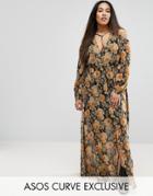 Asos Curve Cold Shoulder Long Sleeve Maxi Dress In Floral Print With Metallic Thread - Multi