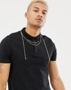 Asos Design Polo Shirt With Gold Neck Chain Detail In Black - Black