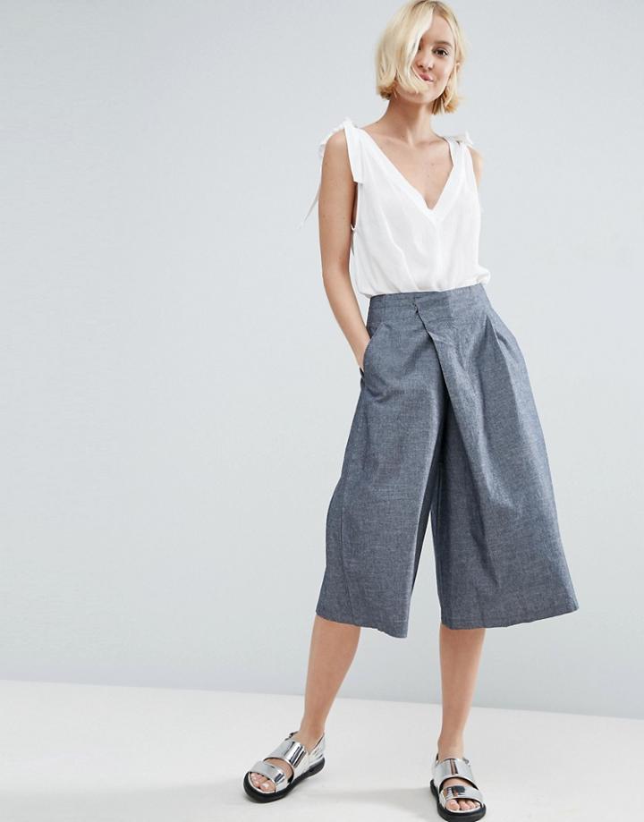 Asos Wrap Front Chambray Culotte Pants - Blue
