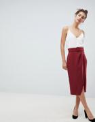 Asos Design Wrap Front Midi Skirt With Self Belt - Red