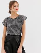 Oasis T-shirt With Frill Sleeves In Silver Sequin - Silver
