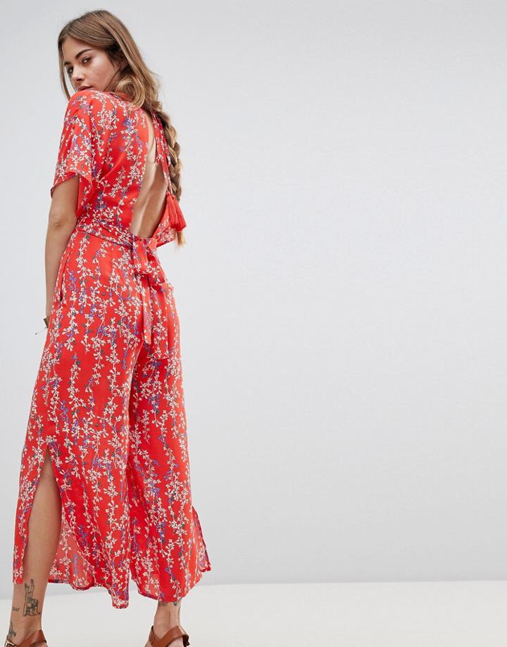 Moon River Floral Wrap Jumpsuit - Red