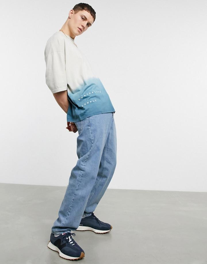 Asos Unrvlld Spply Oversized T-shirt With Front And Back Print In Blue Ombre Wash-grey