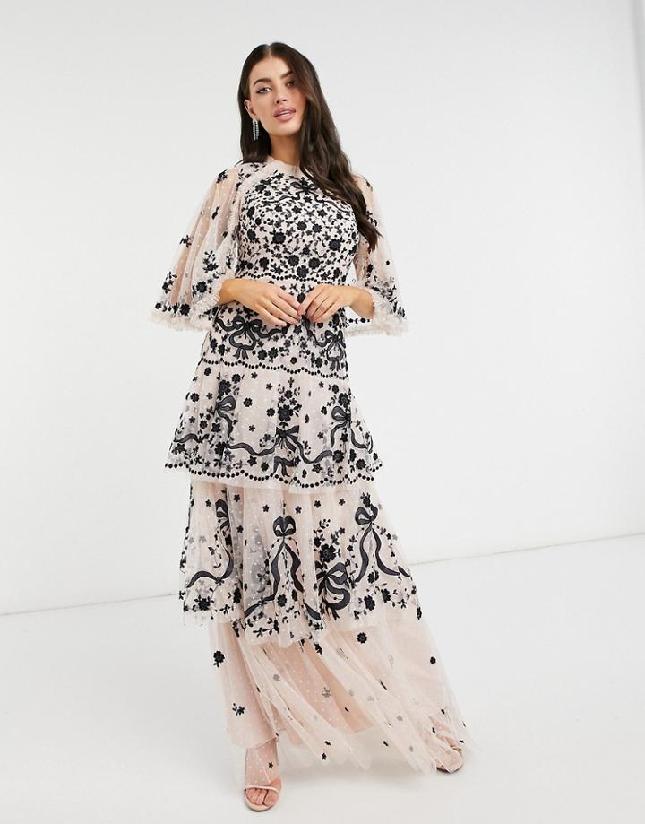 Needle & Thread Contrast Bow Lace Maxi Dress In Cream And Black-white