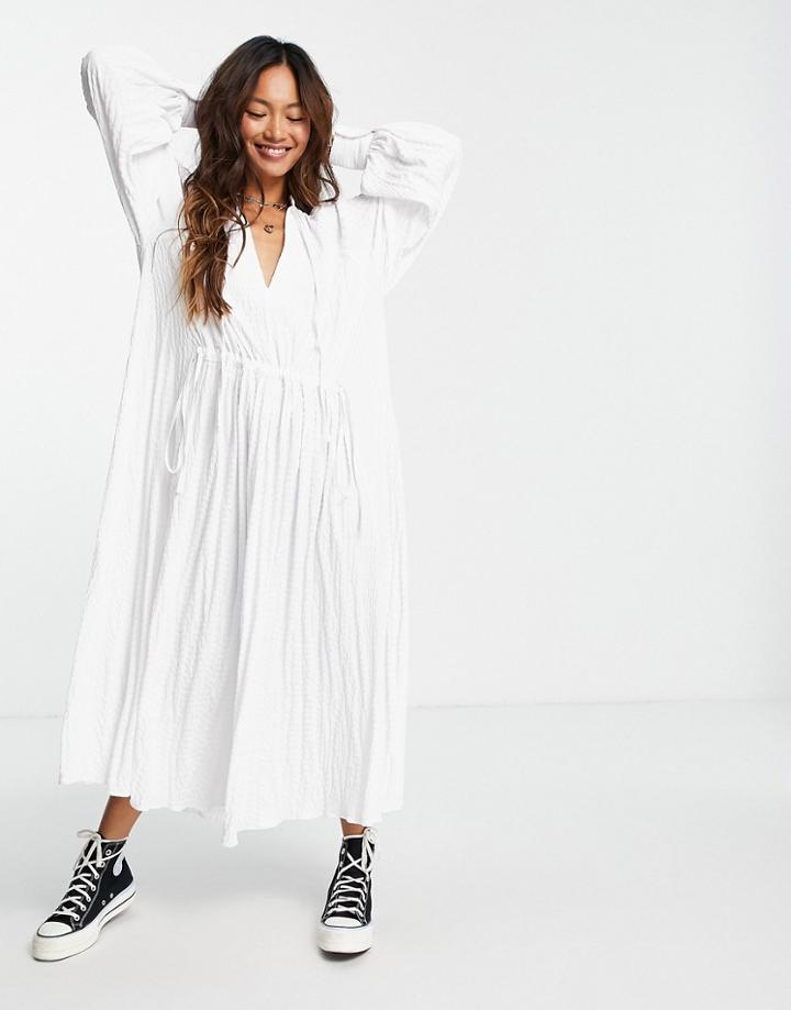 Asos Design Textured Midi Smock Dress With Drawstring Detail In White