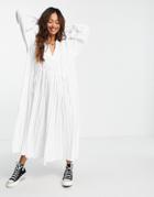 Asos Design Textured Midi Smock Dress With Drawstring Detail In White