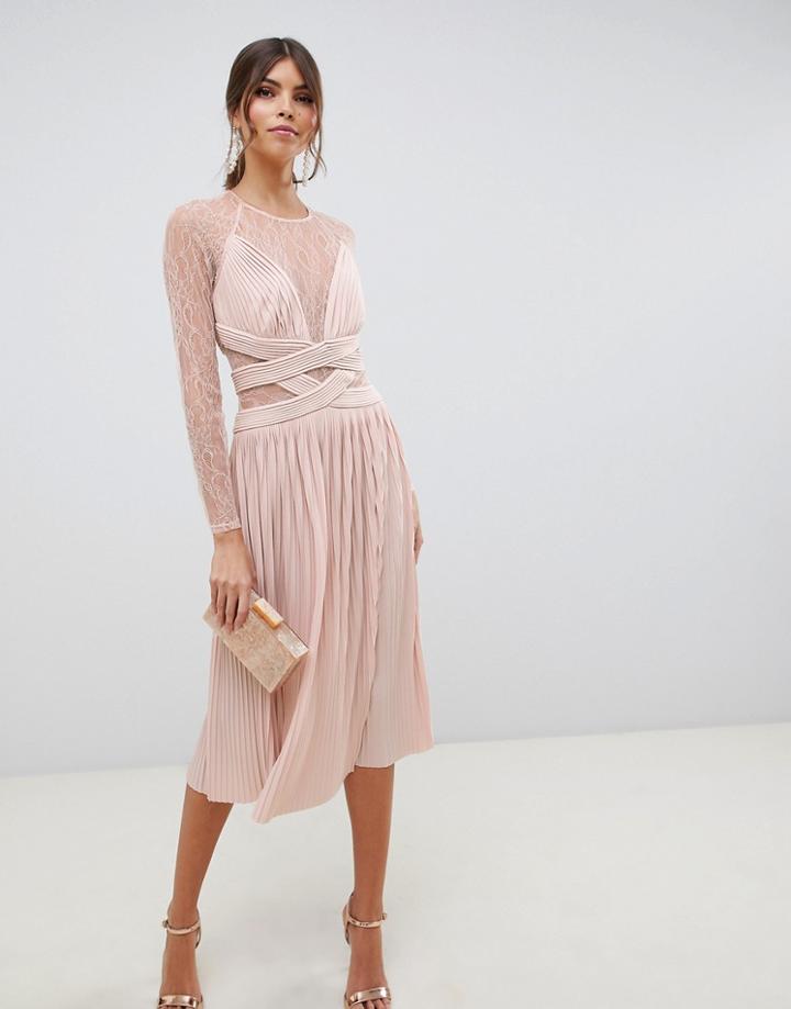 Asos Design Lace And Pleat Midi Dress - Pink