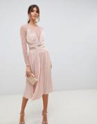 Asos Design Lace And Pleat Midi Dress - Pink