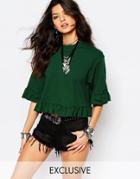 Milk It Vintage Cropped Sweat With Ruffle Hem And Short Sleeves - Khaki