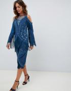 A Star Is Born Fringed Midi Dress With Embellishment In Teal - Blue