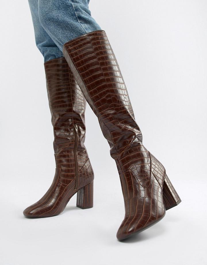 New Look Square Toe High Leg Croc Heeled Boot - Tan