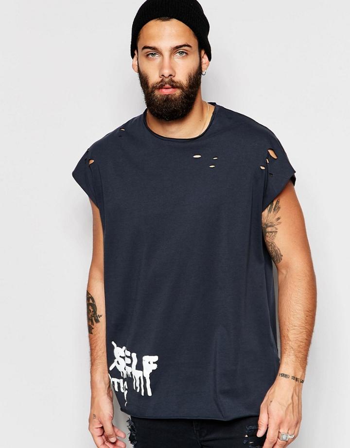Asos Super Oversized T-shirt With Spray Text Print And Distressing - Washed Black
