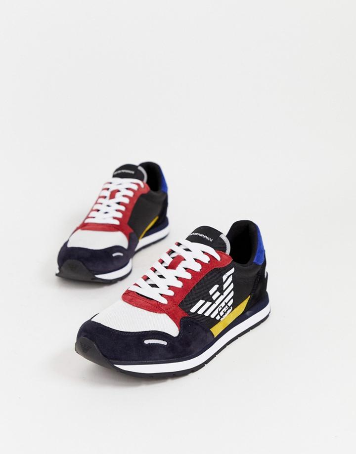 Emporio Armani Eagle Logo Suede Mix Sneakers In Multi - Navy
